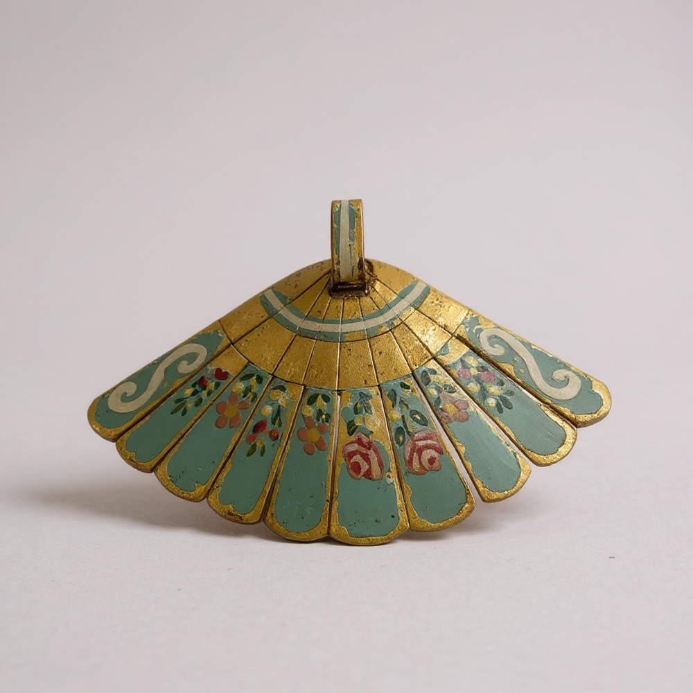 Antique Hand-Painted Fan Shoe Clips Gold Turquoise Floral Vintage 1920s Art Deco